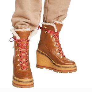 NEW!Tory Burch Hiker Shearling-Lined LeatherPlatform Wedge Boots Blanched Almond